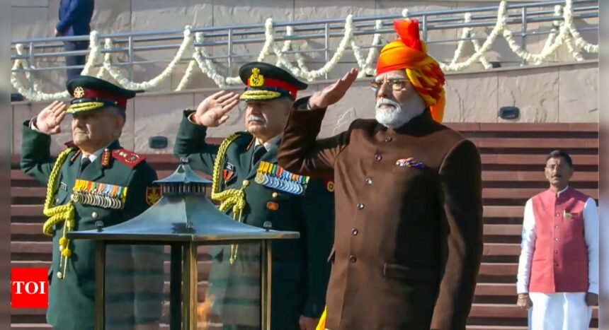 76th Republic Day: PM Modi dons yellow-red striped 'safa' and brown jacket | India News