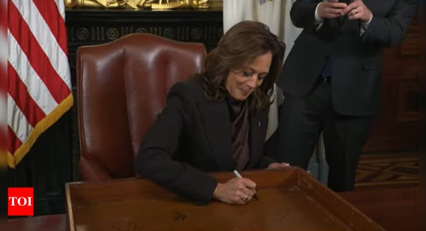 Outgoing vice president Kamala Harris signs ceremonial drawer | World News