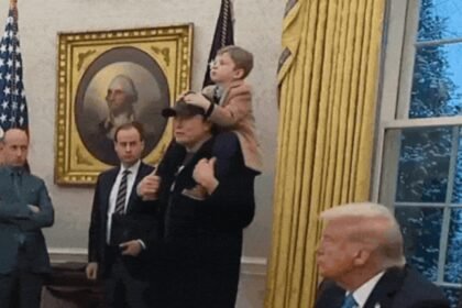 Elon Musk: Watch: Elon Musk's son, perched on his father's shoulder, charms at Oval Office